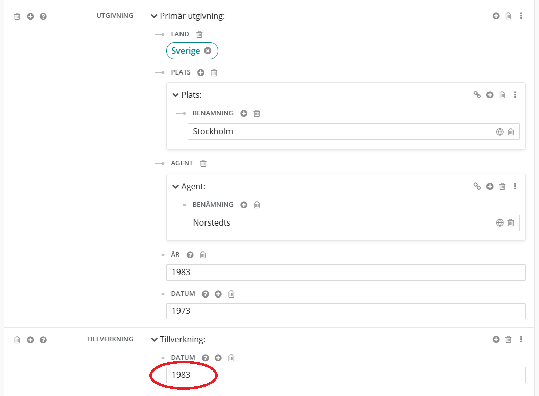 Fel utgivningsår Tillverkning i Libris katalogisering.