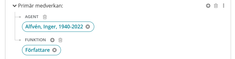 Länkbar agent i primär medverkan i Libris katalogisering.