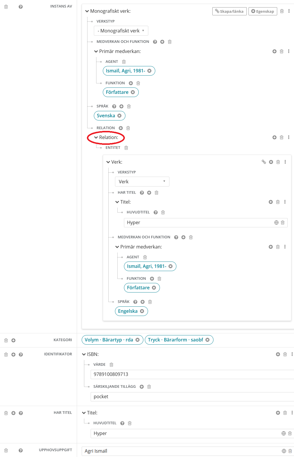Exempel på spegling i Libris katalogisering.