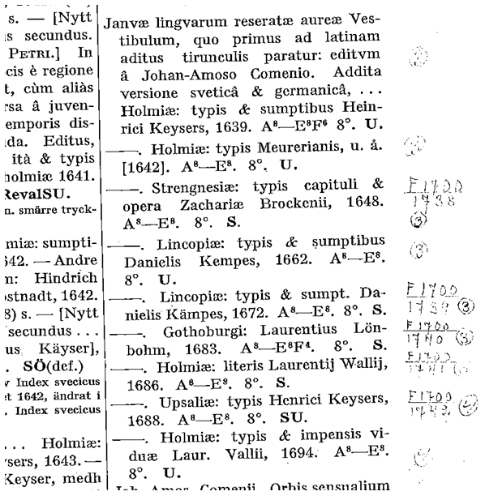Exemplet ""Janvae lingvarum ...” ur Svensk bibliografi 1600-talet