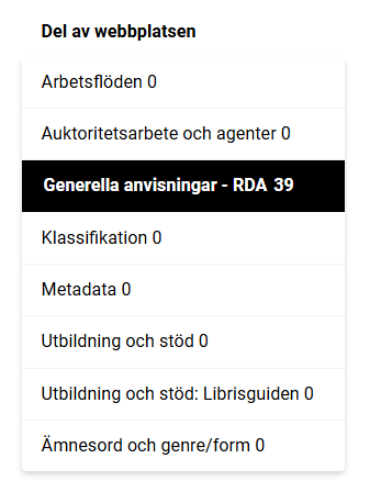 Del av webbplats - en rubrik är vald och visas markerad