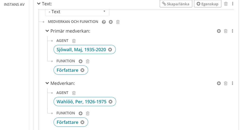 Två författare, i Libris katalogisering. Den första under Primär medverkan, den andra under Medverkan.