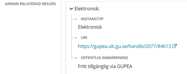 Egenskapen Annan relaterad resurs i Libris katalogisering.