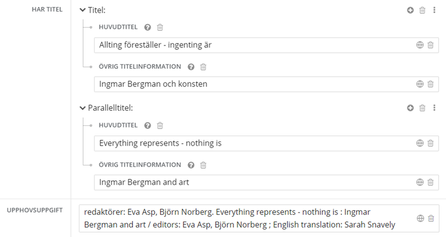 Parallelltitel med olika upphovsuppgifter för de olika titlarna, i Libris katalogisering