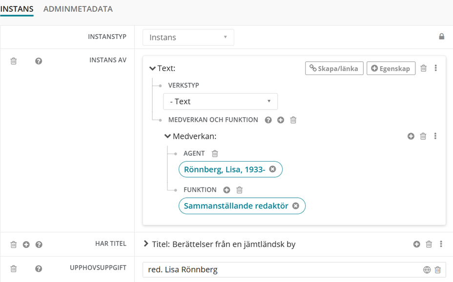 Bilden visar ett exempel på en agent som är en skapare av ett samlingsverk. Agenten ska ha funktionen Sammanställande redaktör.