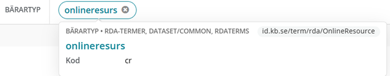 Egenskapen Bärartyp, för onlineresurs, i Libris katalogisering
