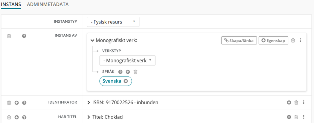Exempel från Libris av första utgåvan av verket Choklad.