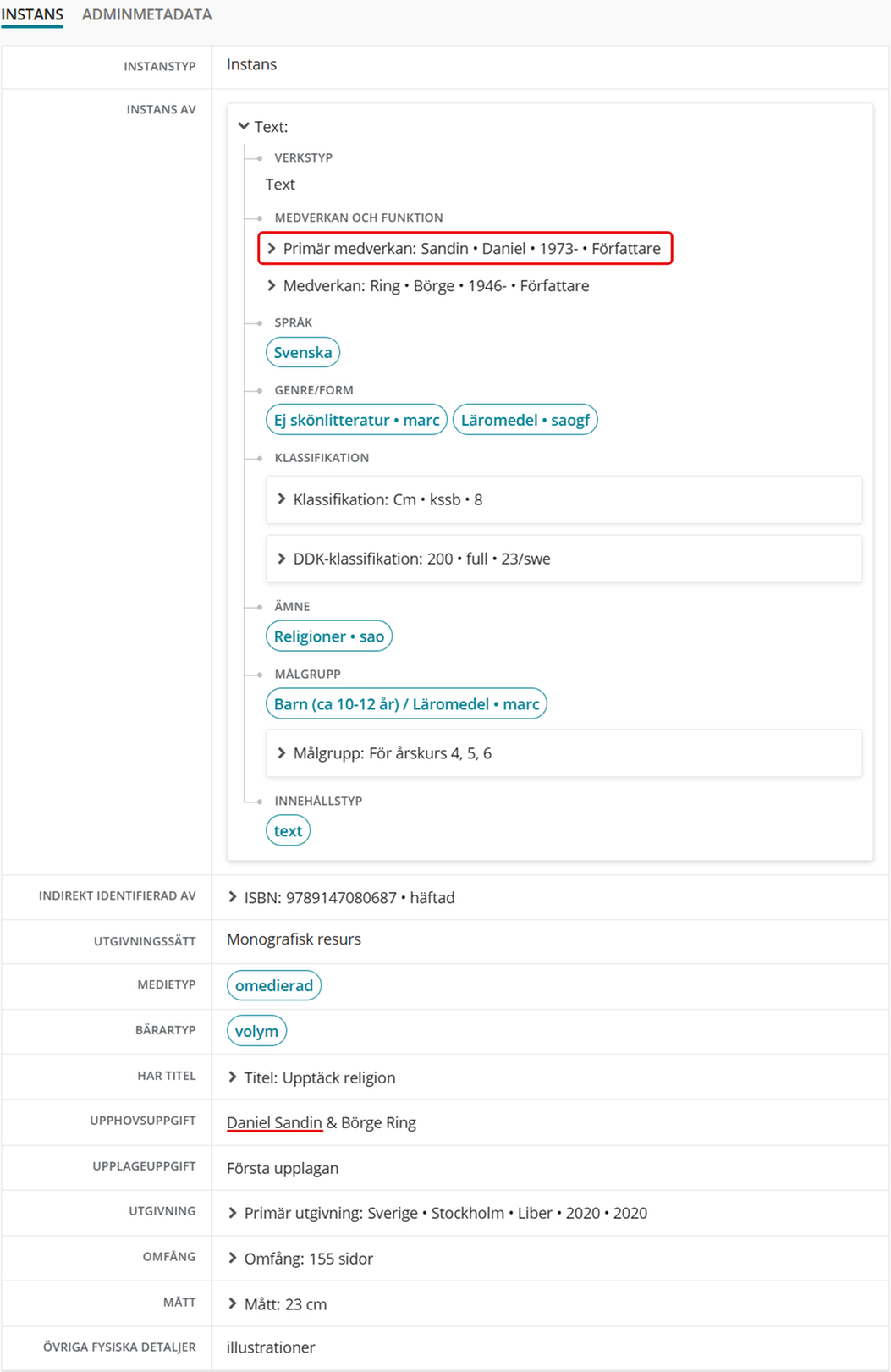 Bilden visar första utgåvan av Upptäck religion av Daniel Sandin och Börge Ring där Daniel Sandin är först nämnd i upphovsuppgiften.