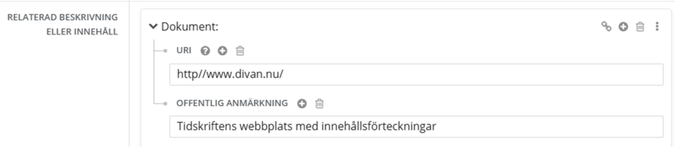 Egenskapen Relaterad beskrivning eller innehåll i Libris katalogisering, exempel URL till material som kompletterar en tryckt tidskrift