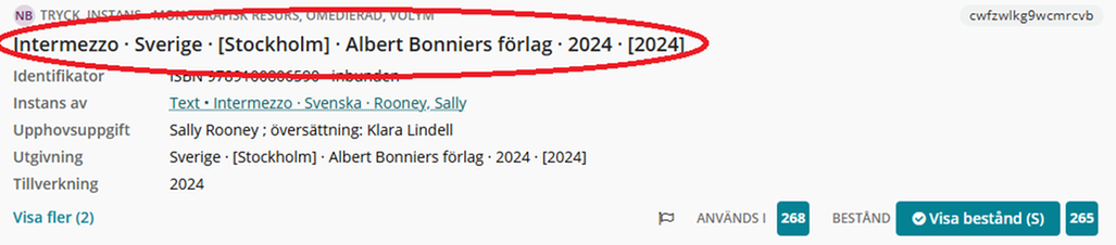 Katalogposten syns i ett "kort" med en rubrik i Libris katalogisreing.