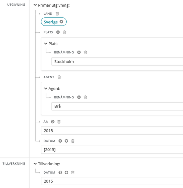 Utgivningstid finns inte men tillverkningstid finns, i Libris katalogisering