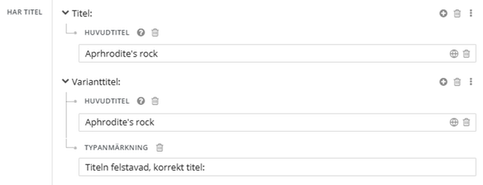 Anmärkning om felaktig titel, som typanmärkning under Varianttitel, i Libris katalogisering