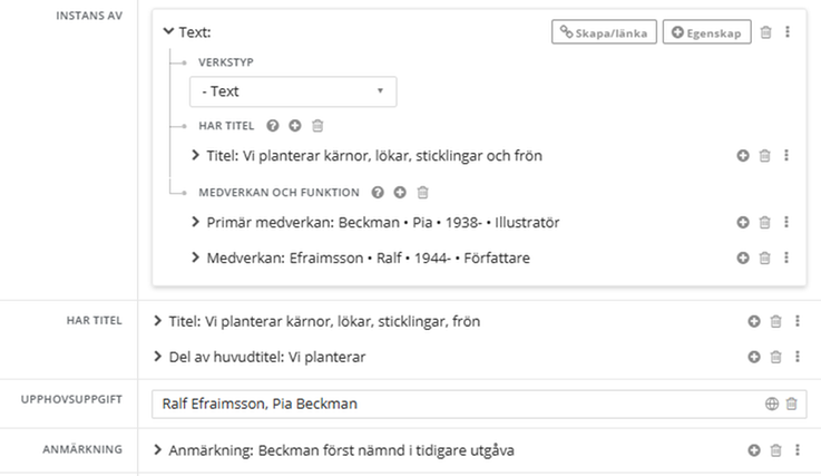Anmärkning om varierande ordning på skaparna, i Libris katalogisering
