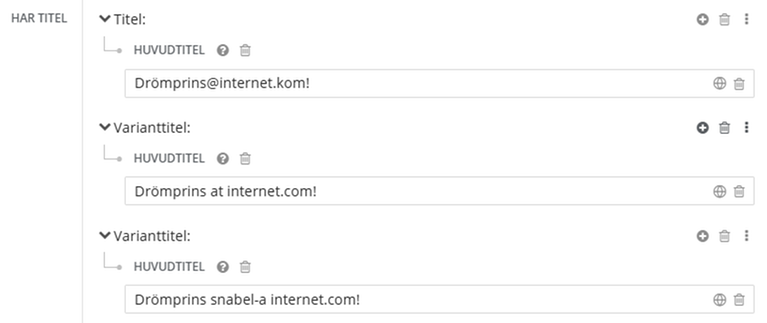 Varianattitel, snabel-a som uttyds at, i Libris katalogisering