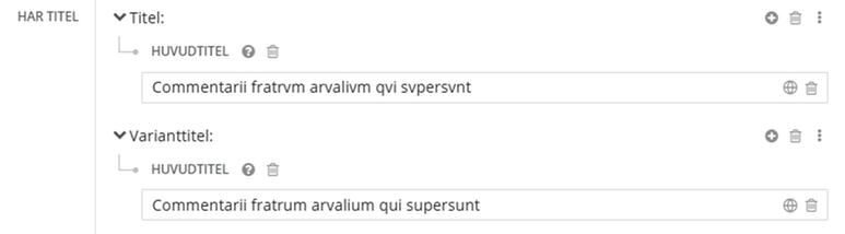 Varianttitel, exempel latinsk titel, i Libris katalogisering