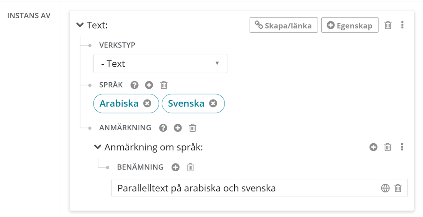 Ange språk i egenskapen Språk och Anmärkning om språk för en parallelltext.